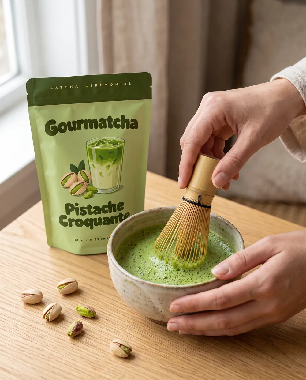 Mains qui fouettent un matcha à la pistache