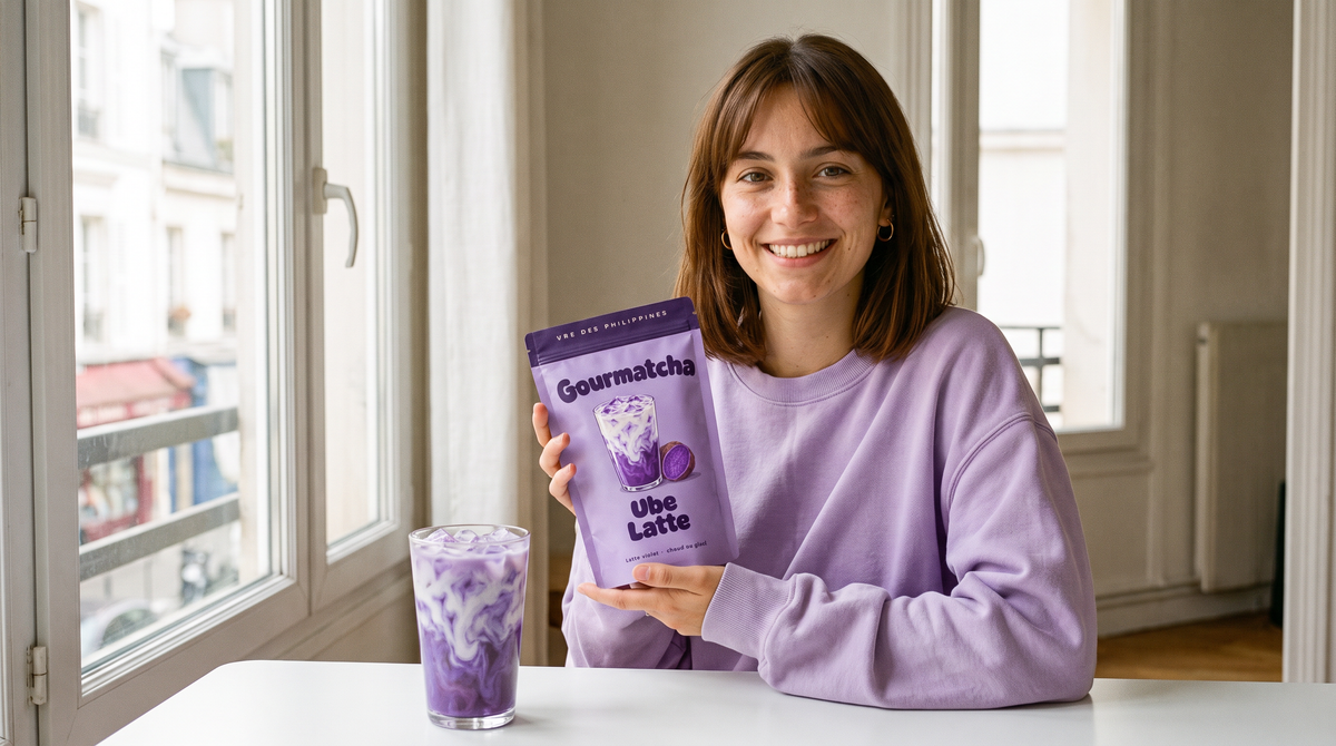 Iced ube latte et sachet Gourmatcha Ube Latte