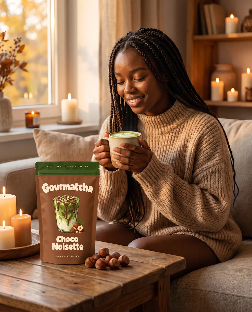 Une femme savoure un matcha chaud choco noisette sur son canapé